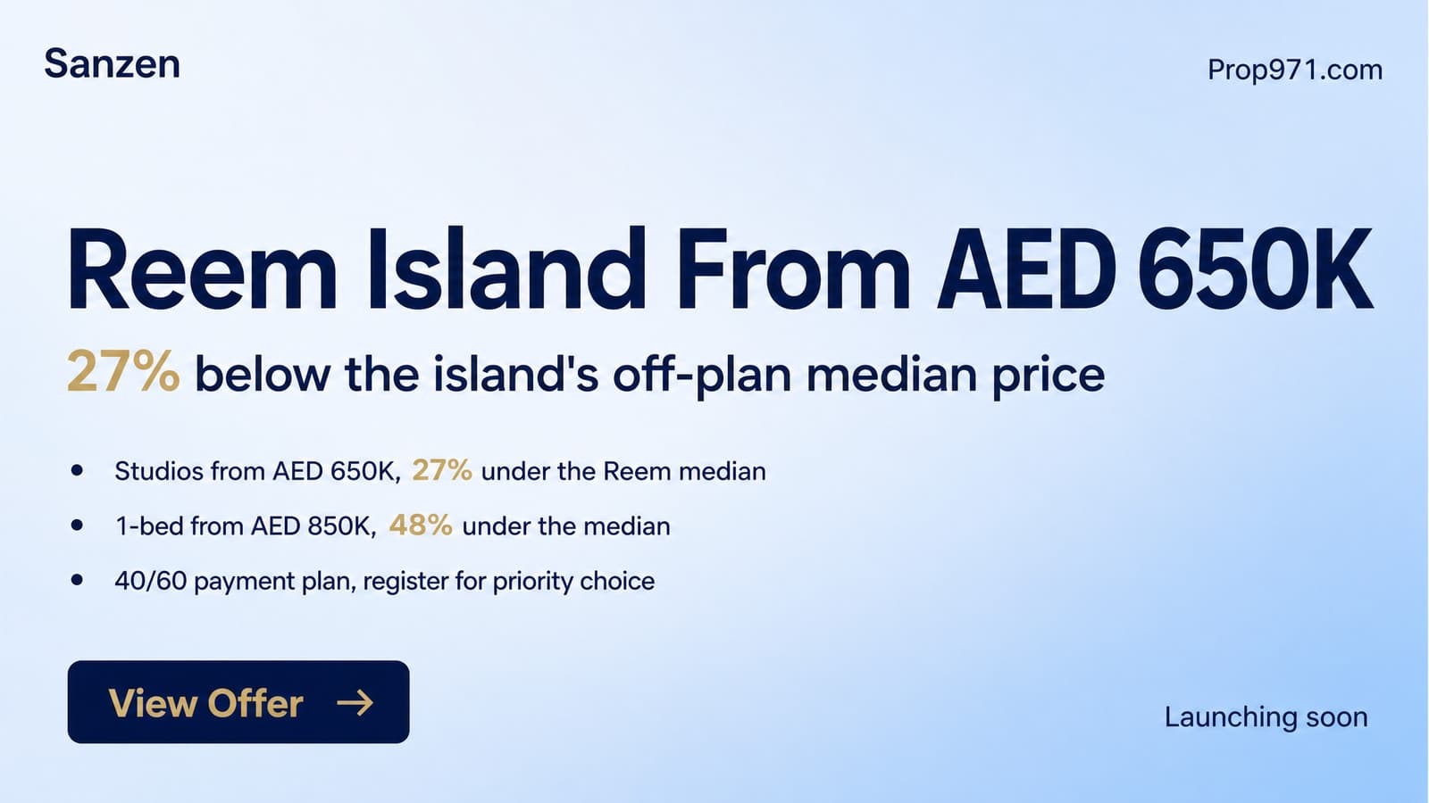 Sanzen - Reem Island from AED 650K: 27% below the island median